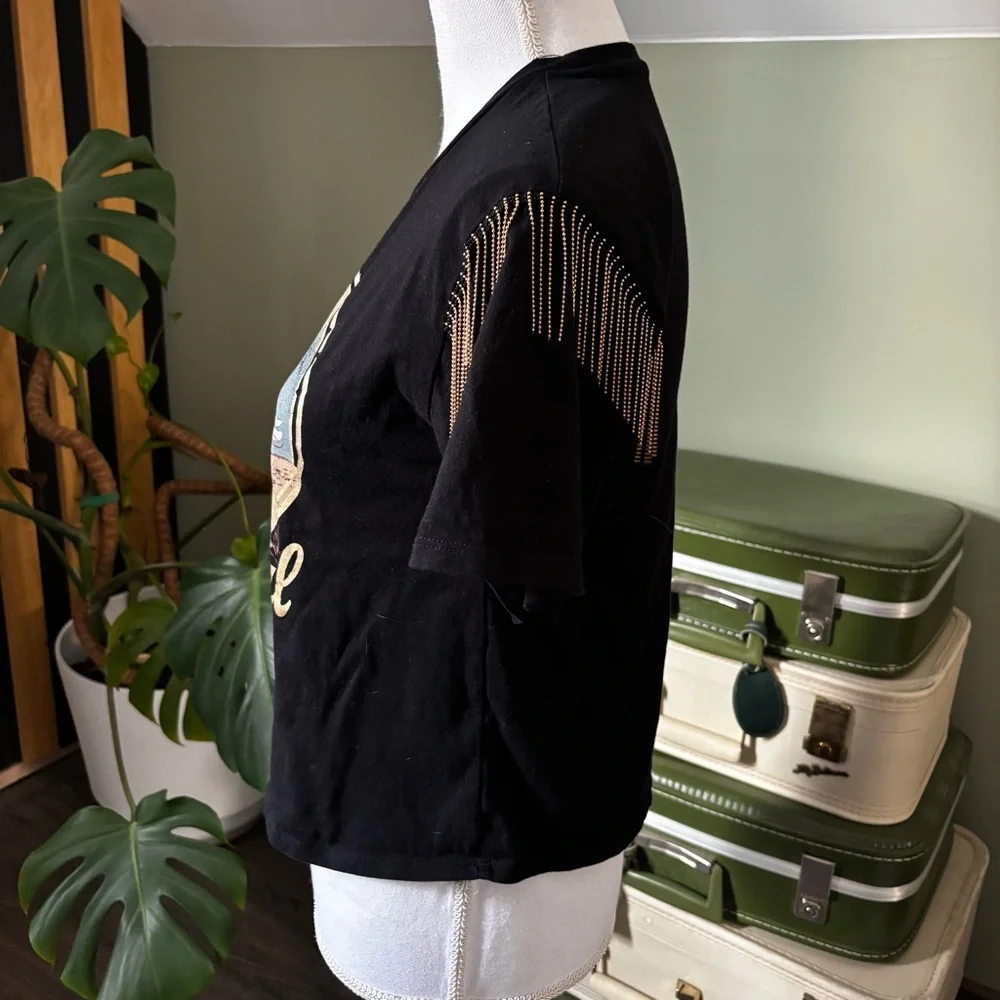 Organic Generation Cowgirl Tassel Sleeve Graphic Black Crop T-Shirt - Picture 6 of 12